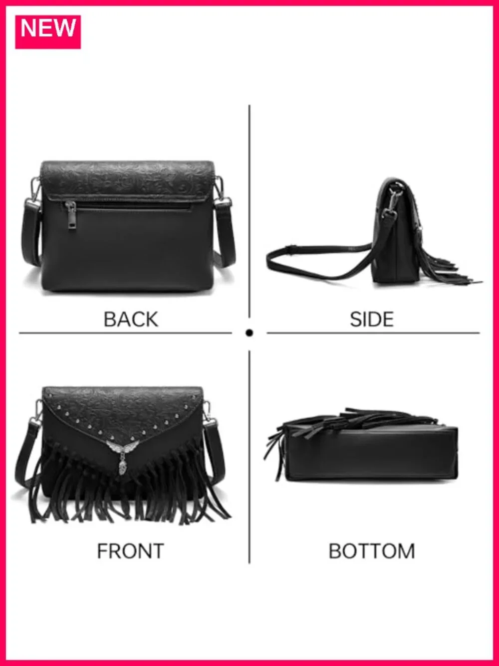 Faux Leather Western Fringe Crossbody Bag with Adjustable Strap